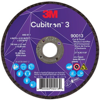 3M™ Cubitron™ 3 Cut and Grind Wheel, 90013, 36+, T27, 4 in x 5/32 in x 5/8 in, 10 Pack