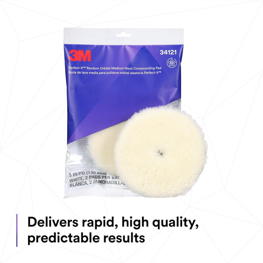 3M™ Perfect-It™ 34121 Random Orbital Compounding Pad, 5 in Dia, Medium, Hook and Loop Attachment, Wool Pad, White