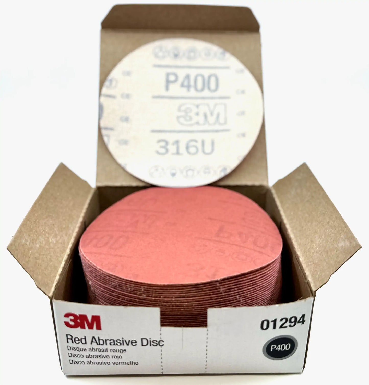3M 01294 Hookit Red Abrasive Discs, P400, 5-inch - 50 Pack