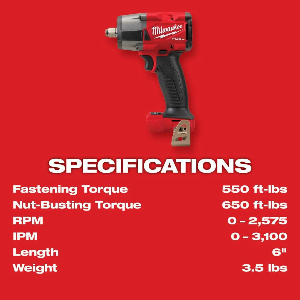 Milwaukee 2962-20 M18 FUEL 1/2" Mid-Torque Impact Wrench w/ Friction Ring (Bare Tool)