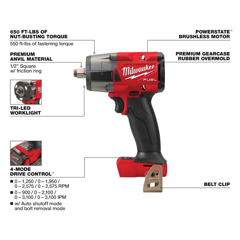 Milwaukee 2962-20 M18 FUEL 1/2" Mid-Torque Impact Wrench w/ Friction Ring (Bare Tool)