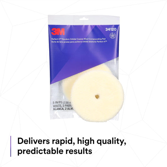 3M™ Perfect-It™ 34120 Random Orbital Compounding Pad, 5 in Dia, Coarse, Hook and Loop Attachment, Wool Pad, White