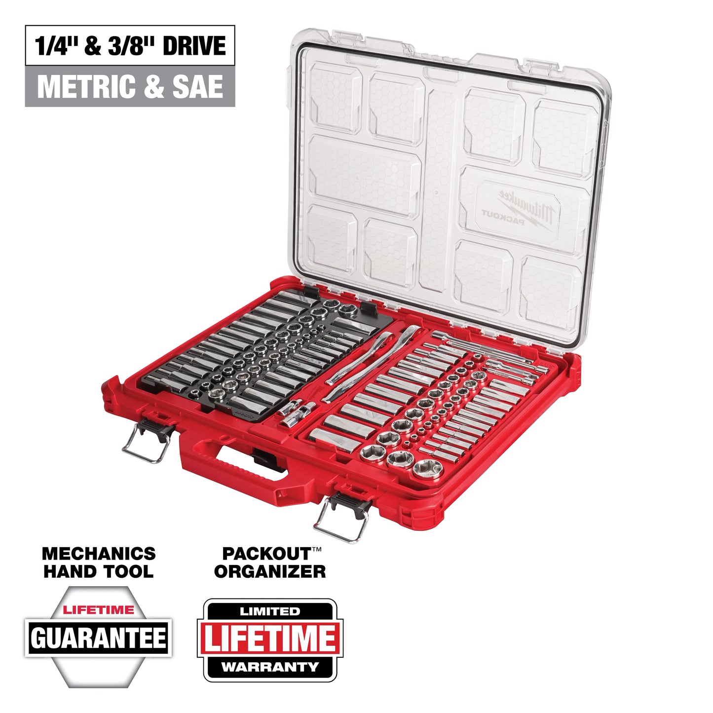Milwaukee 106 pc 1/4" and 3/8" Metric & SAE Ratchet and Socket Set with PACKOUT™ Low-Profile Organizer — 48-22-9486