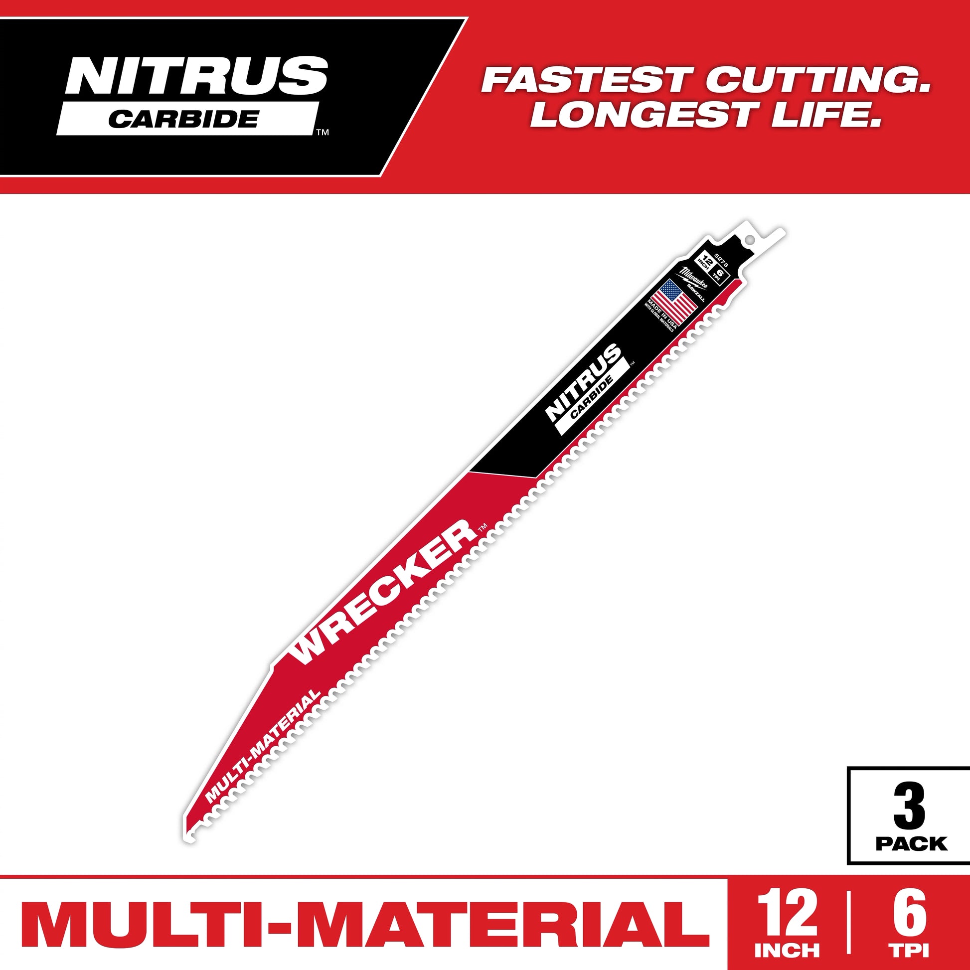 Milwaukee 12" WRECKER™ with NITRUS™ Carbide SAWZALL® Blade for Multi-Material (3 PK) — 48-00-5373