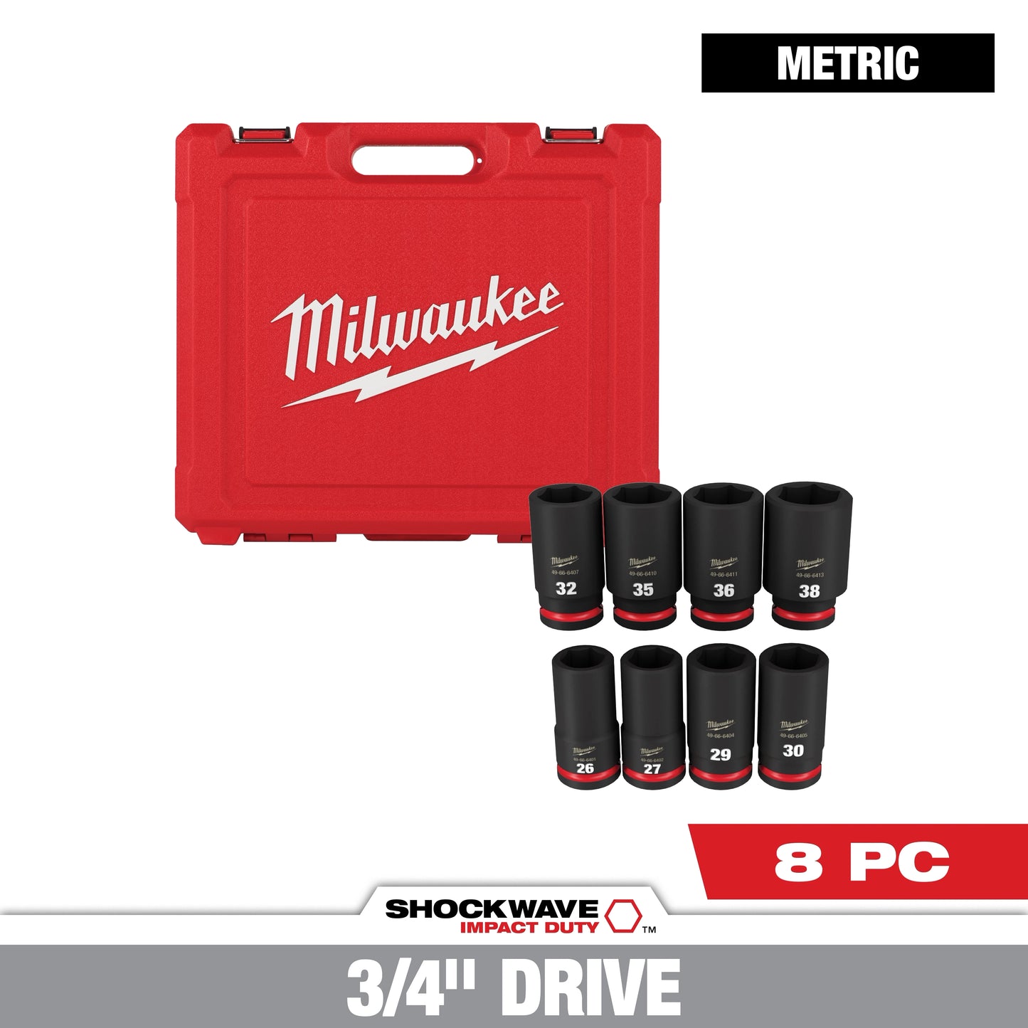 Milwaukee 8 PC SHOCKWAVE™ Impact Duty 3/4" Drive Metric Deep 6 Point Socket Set — 49-66-7020
