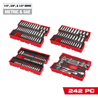 Milwaukee 242 pc. 1/4”, 3/8”, & 1/2” Drive Metric & SAE Ratchet & Socket Set with Trays for PACKOUT™ Drawers — 48-22-9490