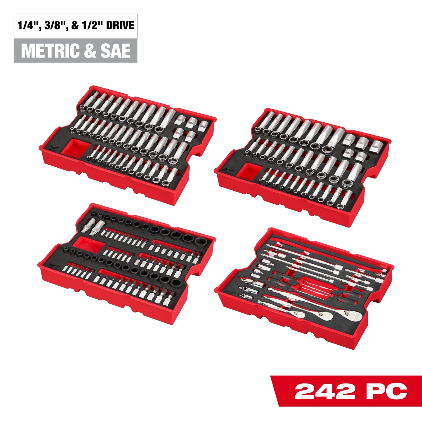 Milwaukee 242 pc. 1/4”, 3/8”, & 1/2” Drive Metric & SAE Ratchet & Socket Set with Trays for PACKOUT™ Drawers — 48-22-9490