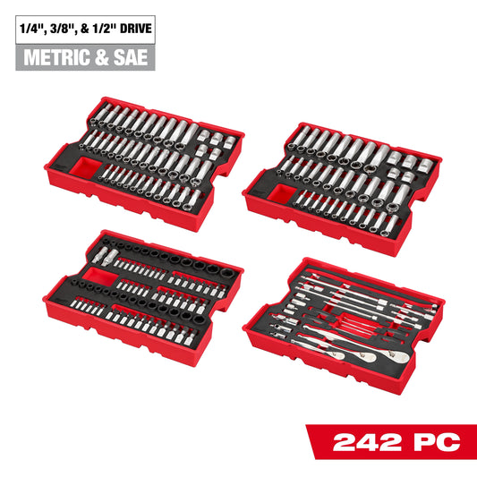 Milwaukee 242 pc. 1/4”, 3/8”, & 1/2” Drive Metric & SAE Ratchet & Socket Set with Trays for PACKOUT™ Drawers — 48-22-9490