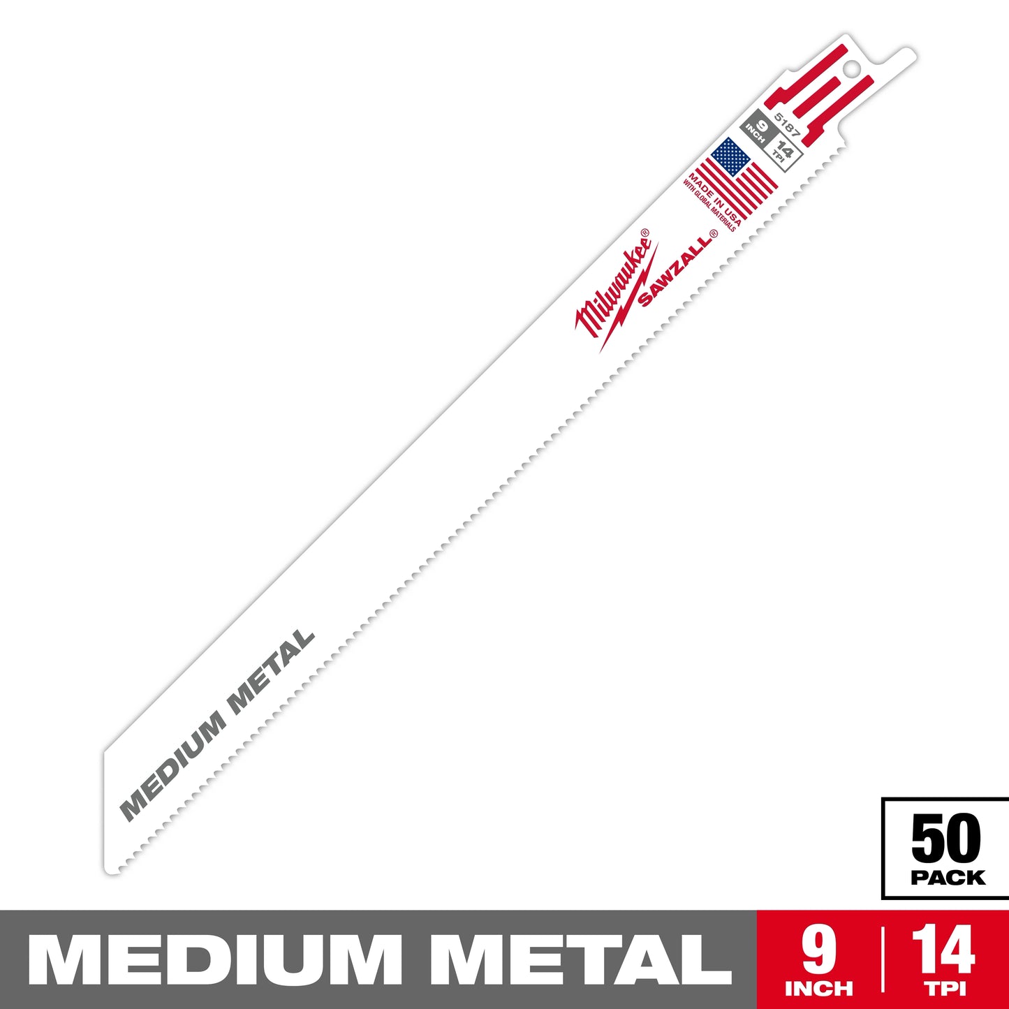 Milwaukee 9" 14 TPI SAWZALL® Blade for Medium Metal (50 PK) — 48-01-6187