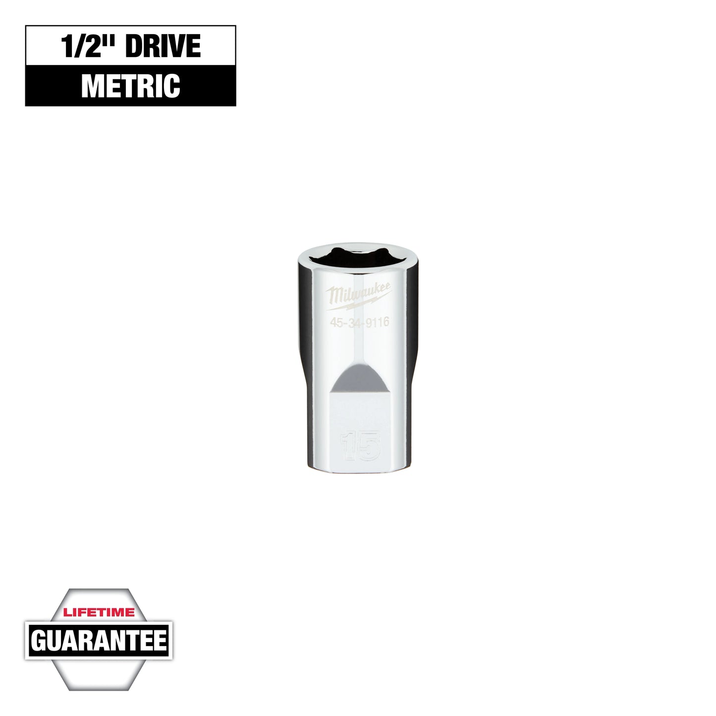 Milwaukee 1/2" Drive 15MM Metric 6-Point Socket with FOUR FLAT™ Sides — 45-34-9116