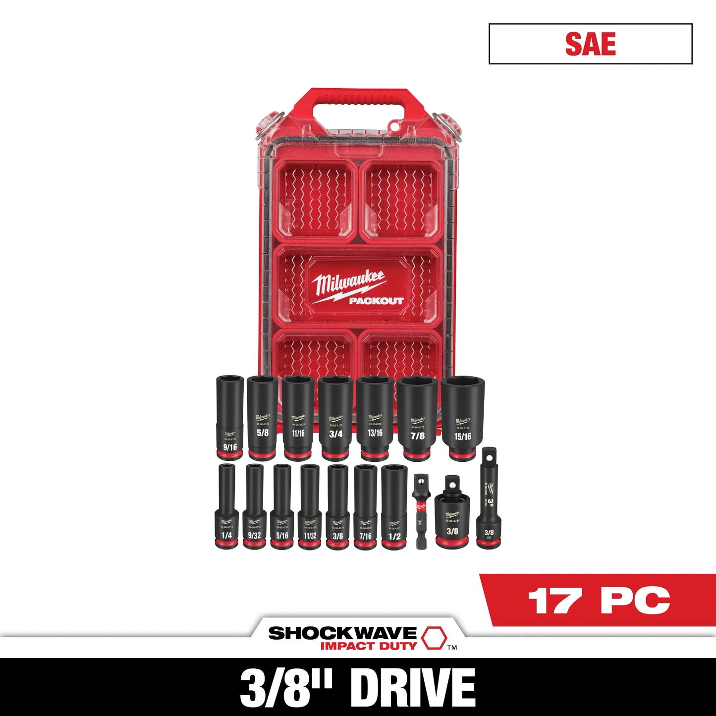 Milwaukee 17 PC SHOCKWAVE™ Impact Duty Socket 3/8” Drive SAE Set with PACKOUT™ — 49-66-6800