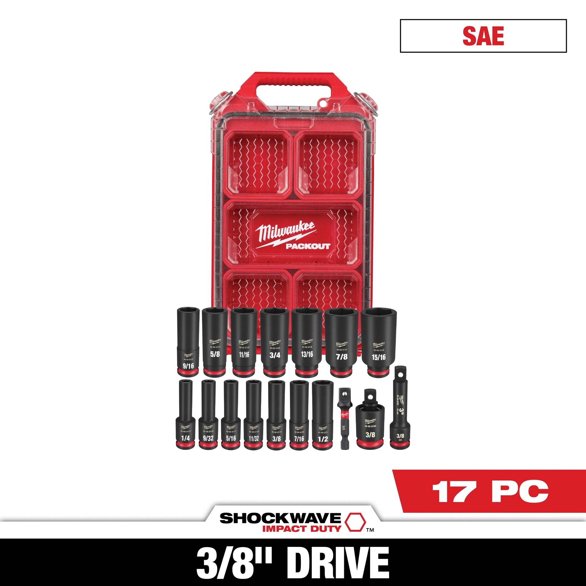 Milwaukee 17 PC SHOCKWAVE™ Impact Duty Socket 3/8” Drive SAE Set with PACKOUT™ — 49-66-6800