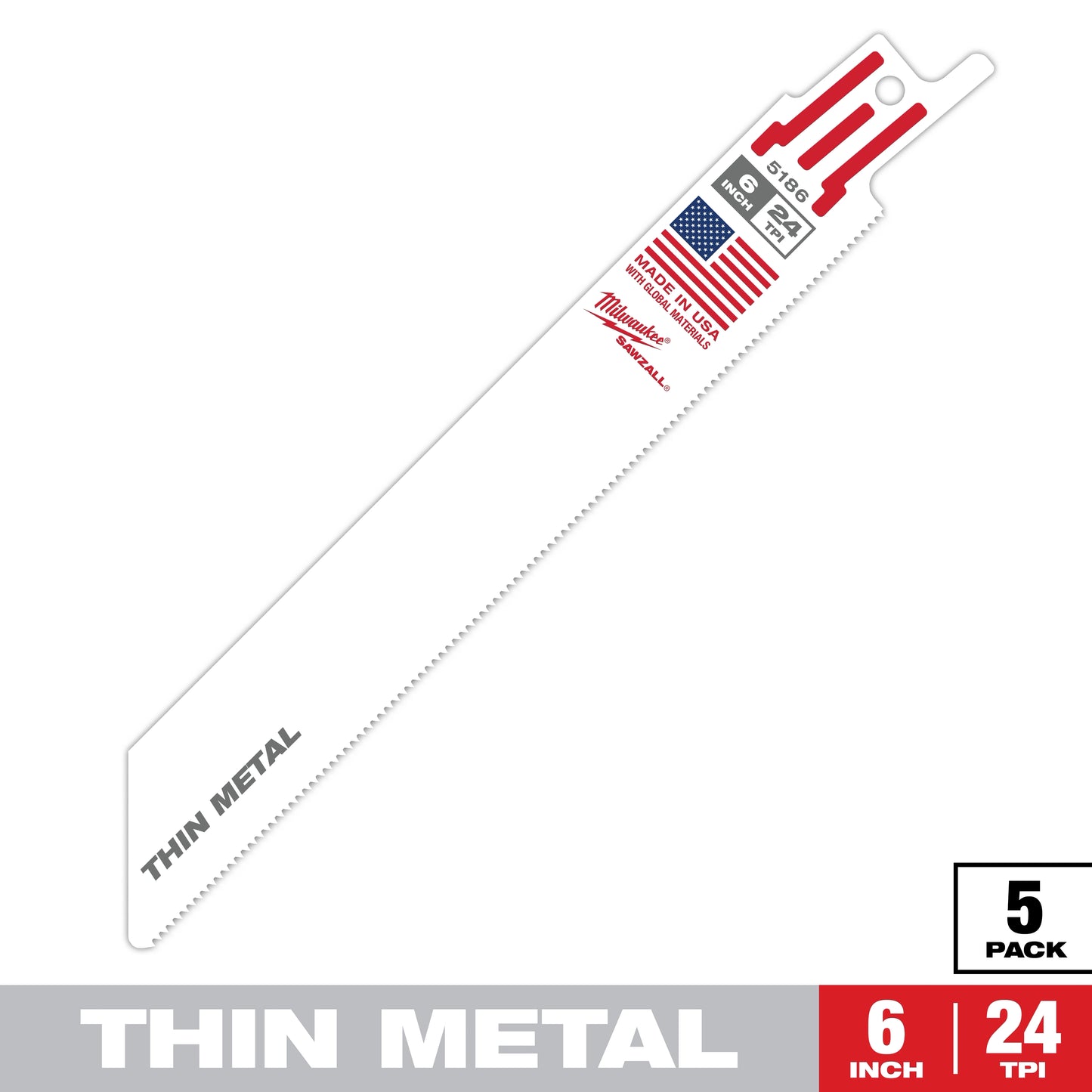 Milwaukee 6" 24 TPI SAWZALL® Blade for Thin Metal (5 PK) — 48-00-5186