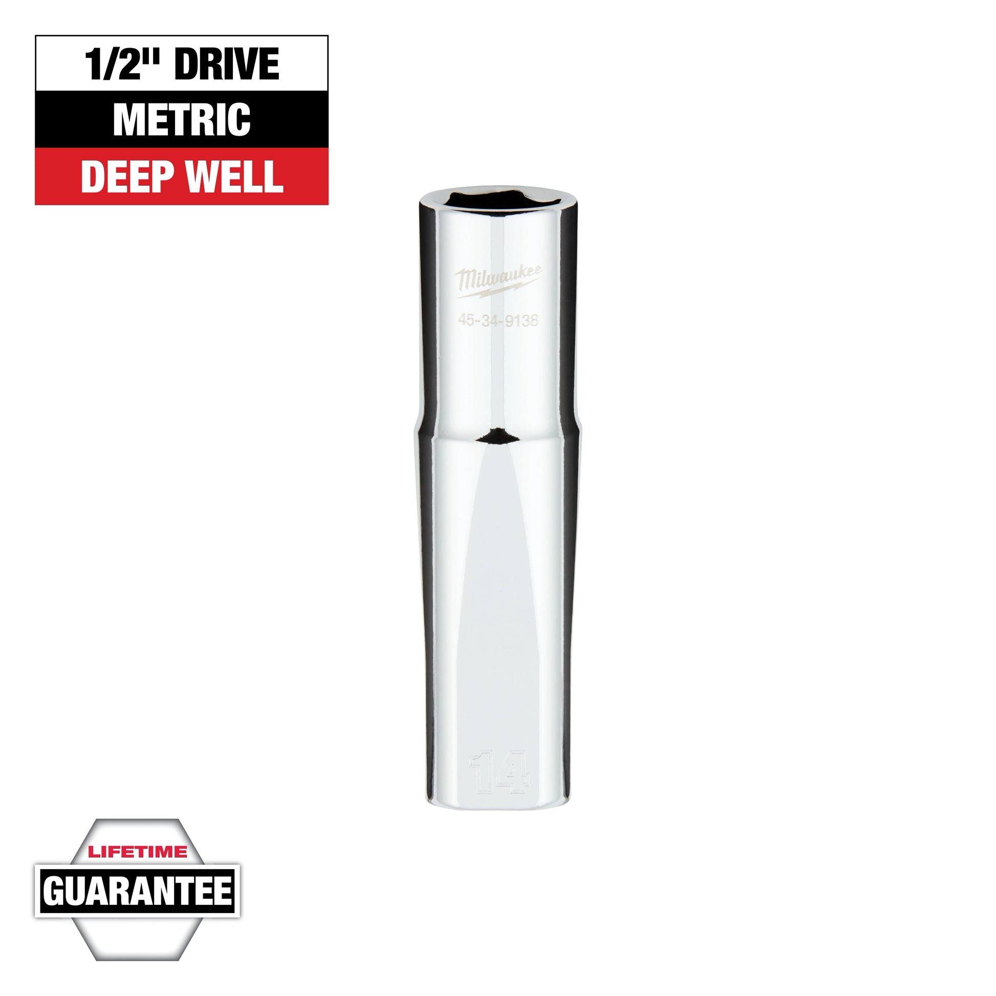 Milwaukee 1/2" Drive 14MM Metric 6-Point Deep Socket with FOUR FLAT™ Sides — 45-34-9138