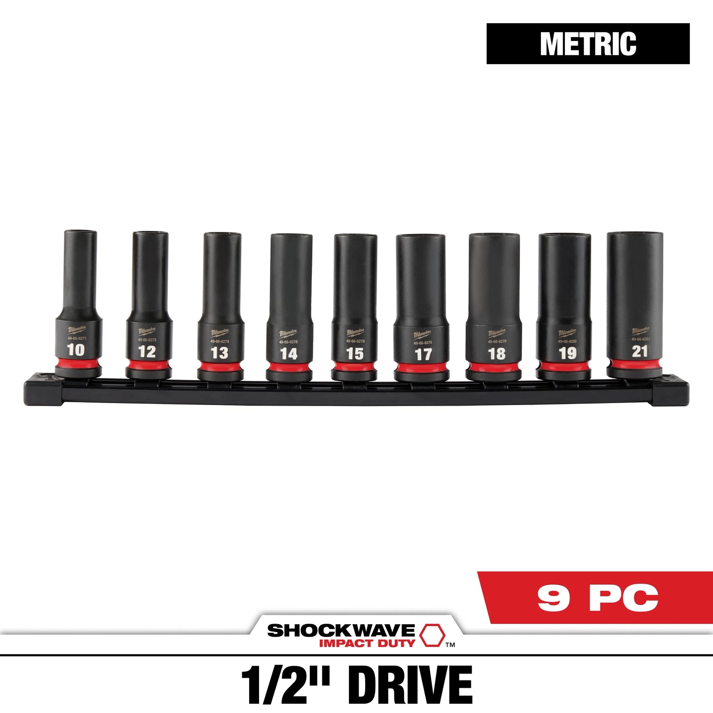 Milwaukee 9 PC SHOCKWAVE™ Impact Duty 1/2" Drive Metric Deep 6 Point Socket Set — 49-66-7032
