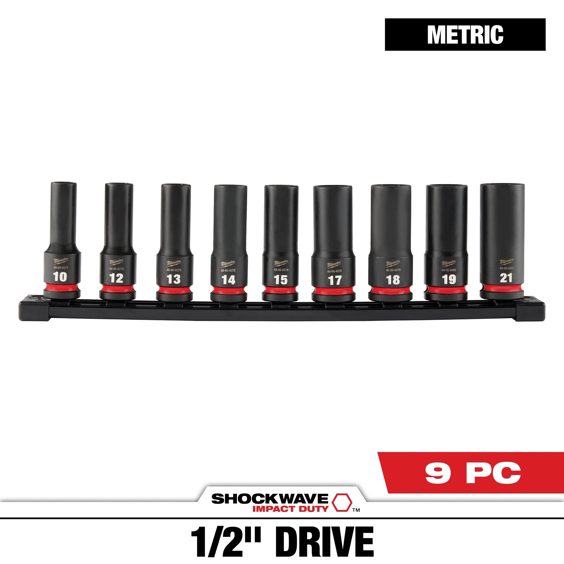 Milwaukee 9 PC SHOCKWAVE™ Impact Duty 1/2" Drive Metric Deep 6 Point Socket Set — 49-66-7032