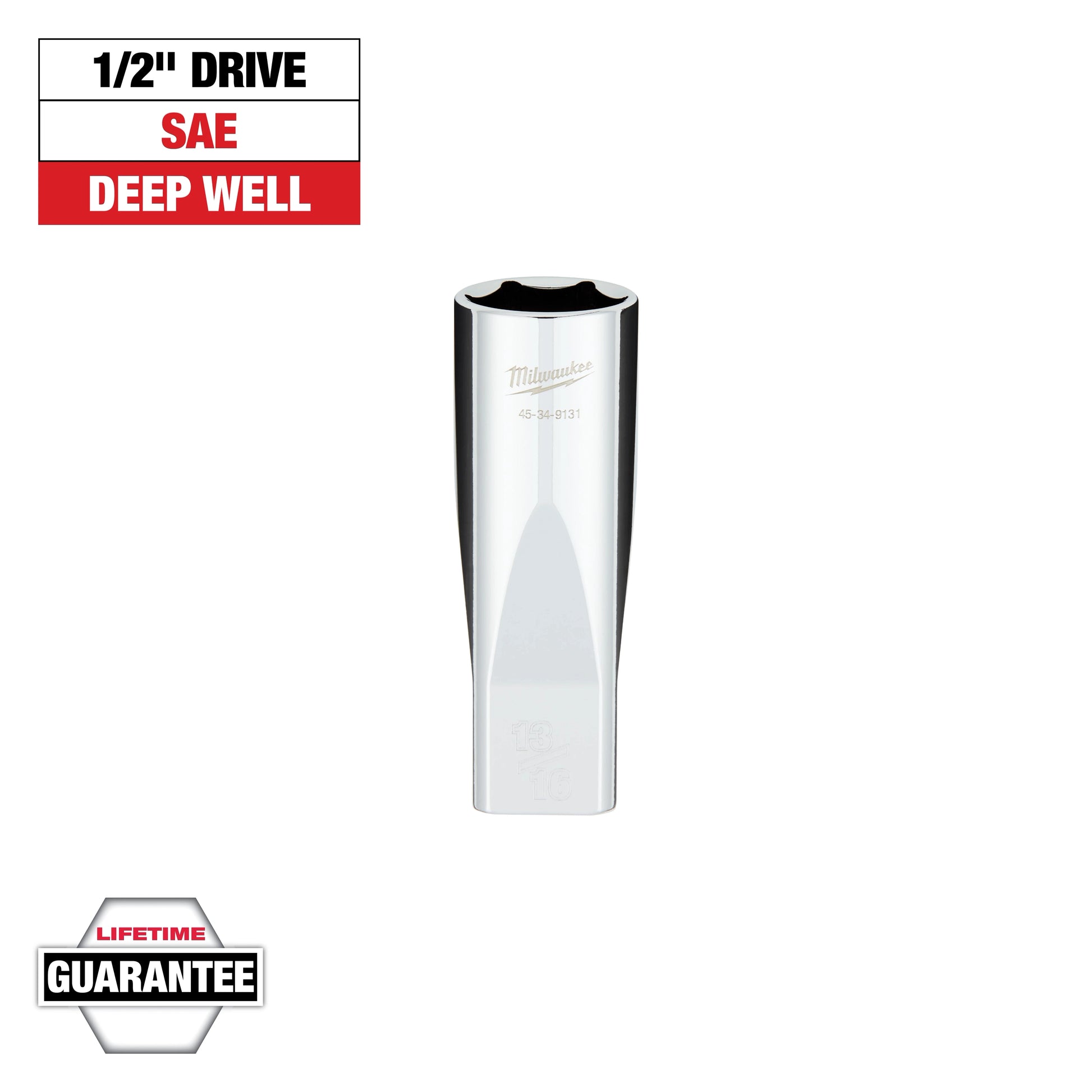 Milwaukee 1/2" Drive 13/16" SAE 6-Point Deep Socket with FOUR FLAT™ Sides — 45-34-9131