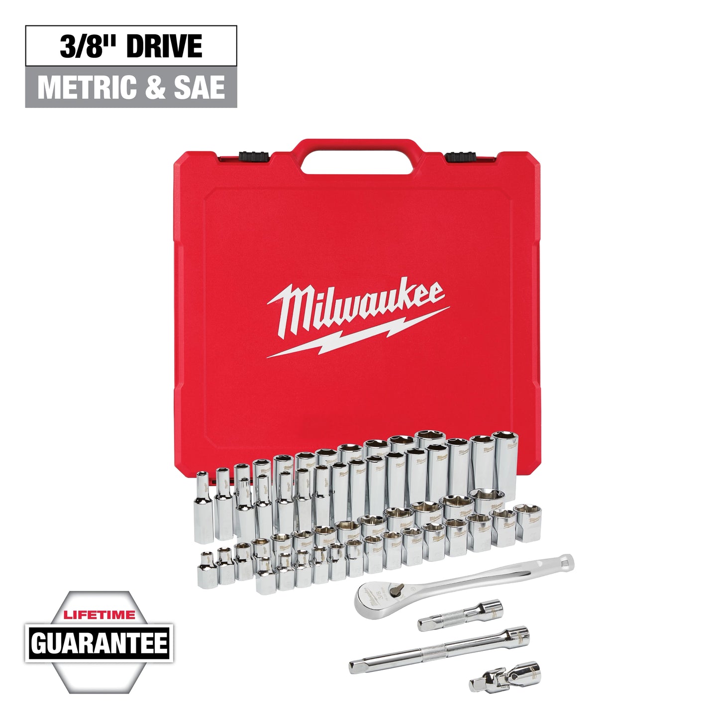 Milwaukee 3/8" Drive 56 pc Ratchet & Socket Set with FOUR FLAT™ SIDES - SAE & Metric — 48-22-9008