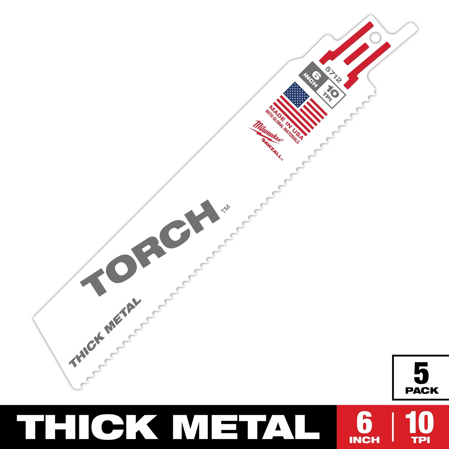 Milwaukee 6" 10 TPI TORCH™ SAWZALL® Blade for Thick Metal (5 PK) — 48-00-5712