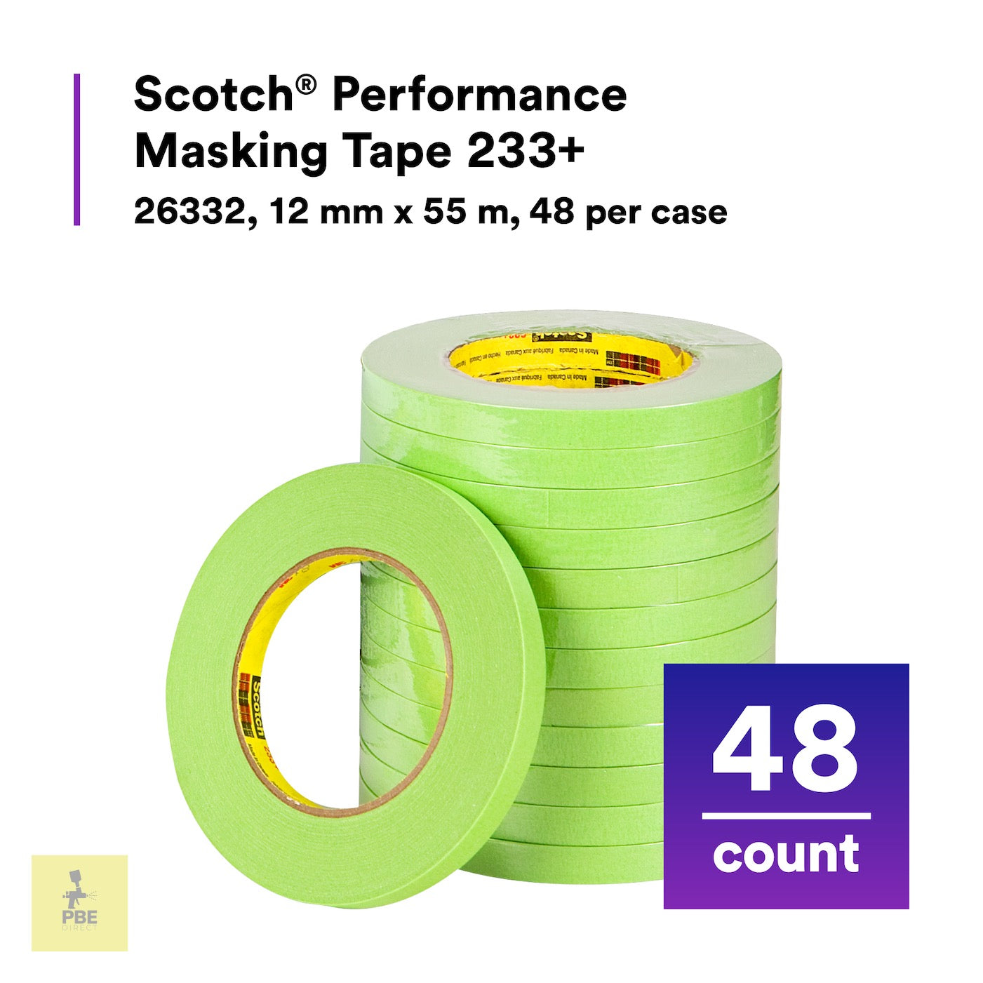 3M™ Scotch®  233+ Series Performance Green Masking Tape, 12 mm, 48 Rolls, 26332