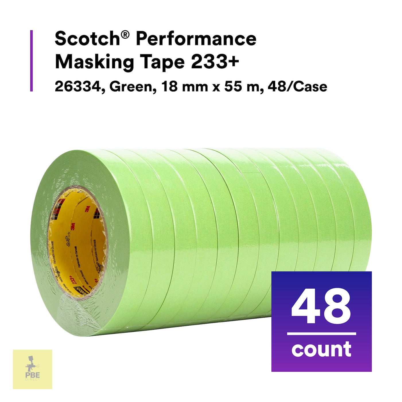 3M™ Scotch®  233+ Series Performance Green Masking Tape, 18 mm, 48 Rolls 26334