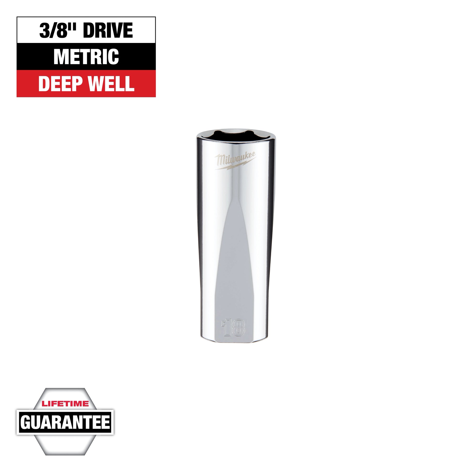 Milwaukee 3/8" Drive 18mm Metric Deep Socket with FOUR FLAT™ Sides — 45-34-0118