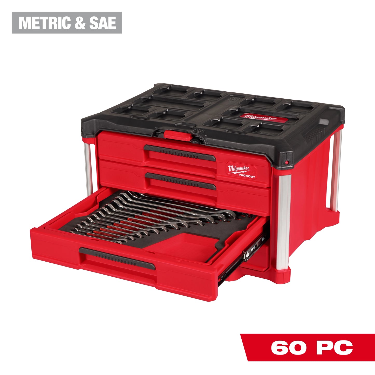 Milwaukee 60 pc. Metric & SAE Combination Wrench Set with PACKOUT™ 4 Drawer Tool Box — 48-22-9492