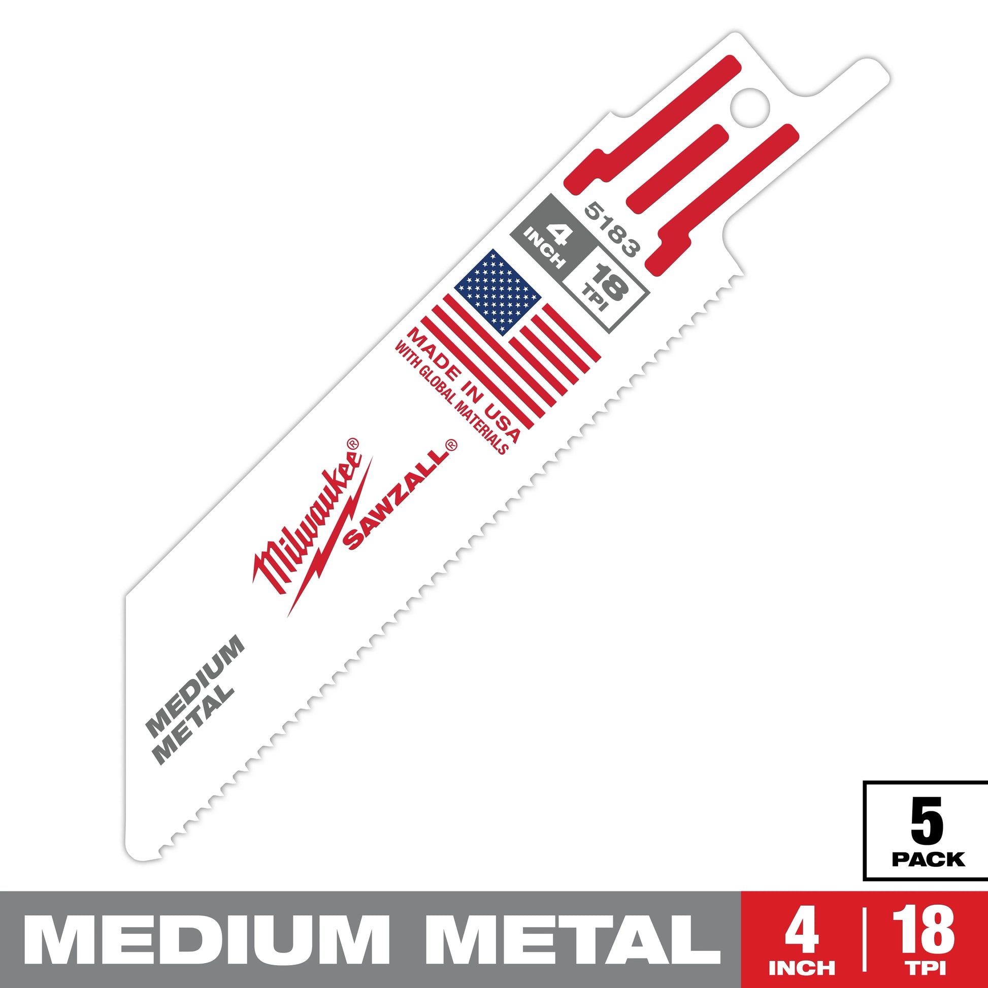 Milwaukee 4" 18 TPI SAWZALL® Blade for Medium Metal (5 PK) — 48-00-5183