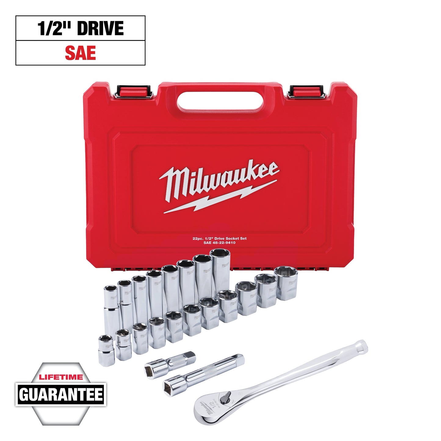 Milwaukee 22 pc 1/2" Drive SAE Ratchet and Socket Set with FOUR FLAT™ Sides — 48-22-9410