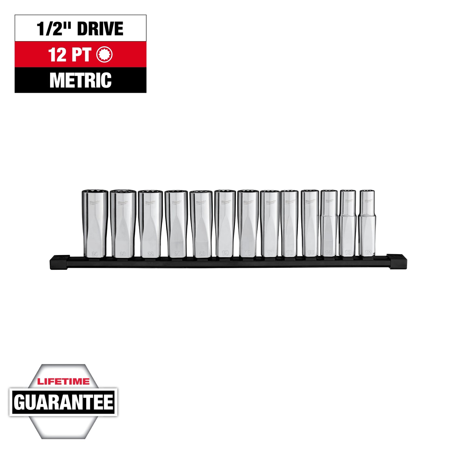 Milwaukee 13 pc 1/2” Drive 12-Point Deep Well Metric Socket Set — 48-22-9524
