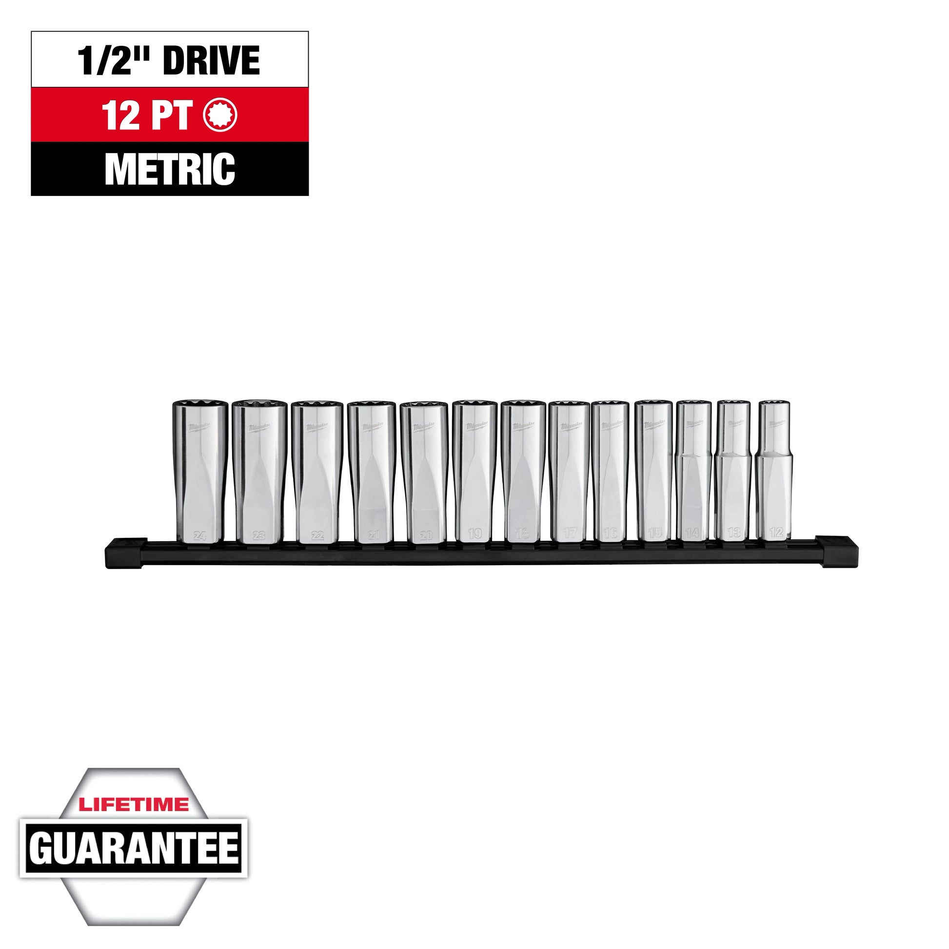 Milwaukee 13 pc 1/2” Drive 12-Point Deep Well Metric Socket Set — 48-22-9524