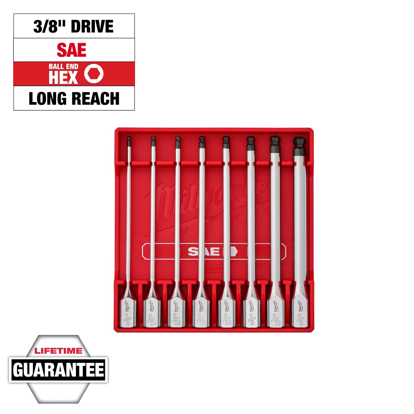 Milwaukee 8 pc 3/8” Drive Long Ball End Hex Bit Socket Set - SAE — 48-22-9549