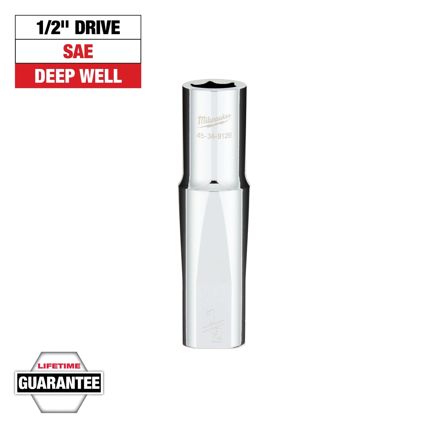 Milwaukee 1/2" Drive 1/2" SAE 6-Point Deep Socket with FOUR FLAT™ Sides — 45-34-9126