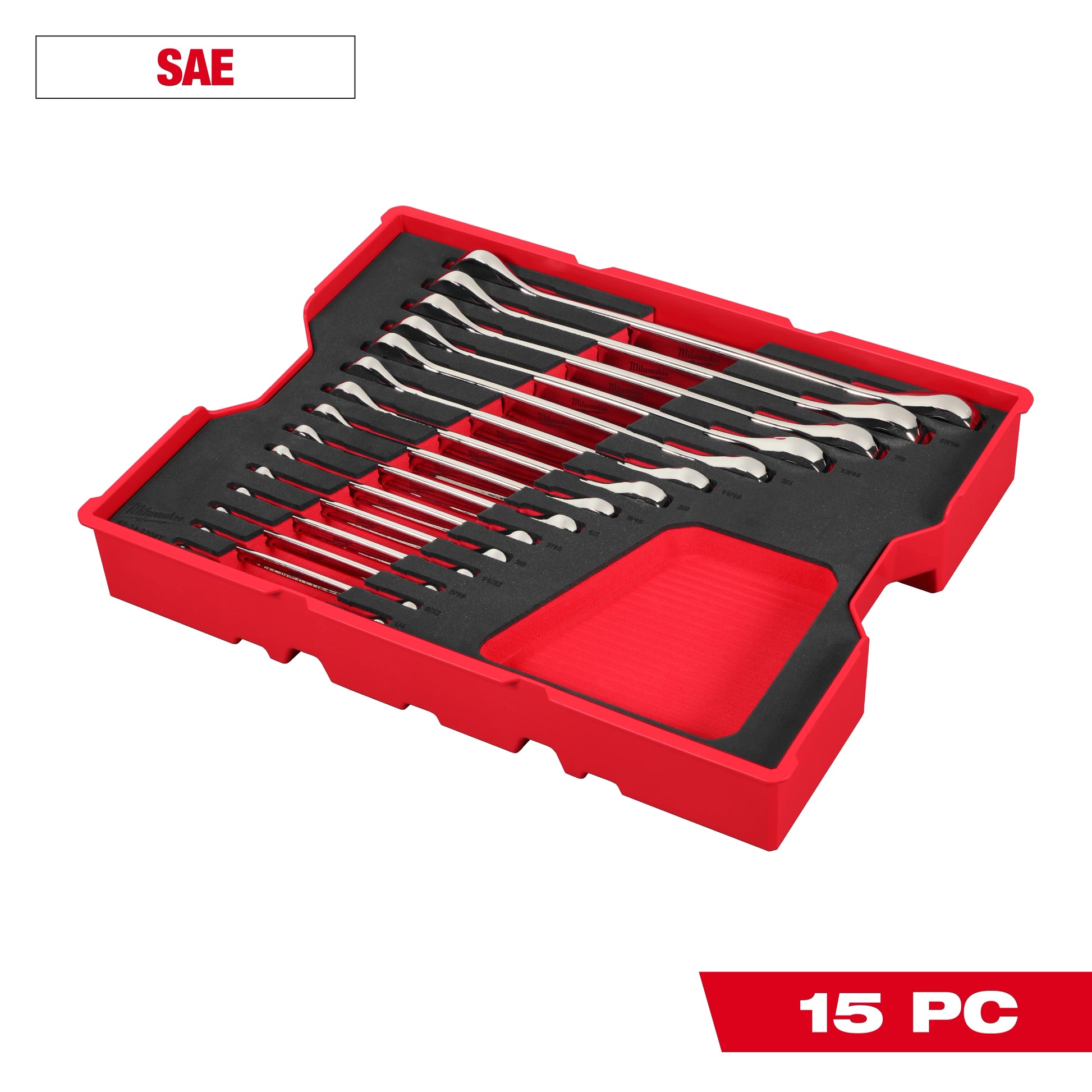 Milwaukee 15 pc. SAE Ratcheting Combination Wrench Set with Tray for PACKOUT™ Drawers — 48-22-0157