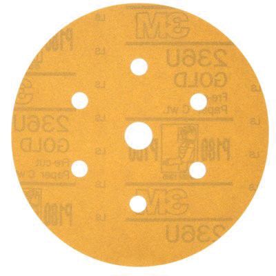 3M 01079 236U Series Dust Free Abrasive Disc, 6 in Dia, P180 Grit, Hook and Loop, Gold - part 01079