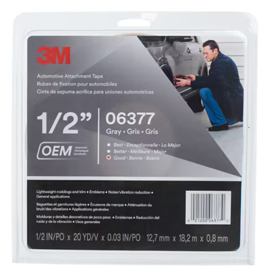 3M™ Automotive Attachment Tape 06377, Gray, 0.76 mm, 1/2 in x 20 yd, 12 Roll/Case