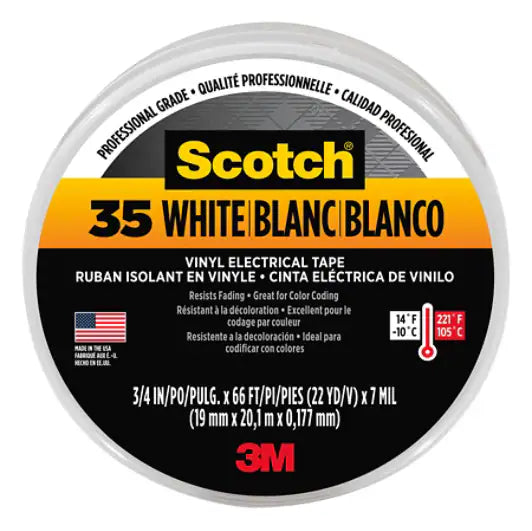 Scotch® #35 Electrical Tape, 10828-DL-2W, 0.75 in x 66 ft x 7 mil, White, 10/case