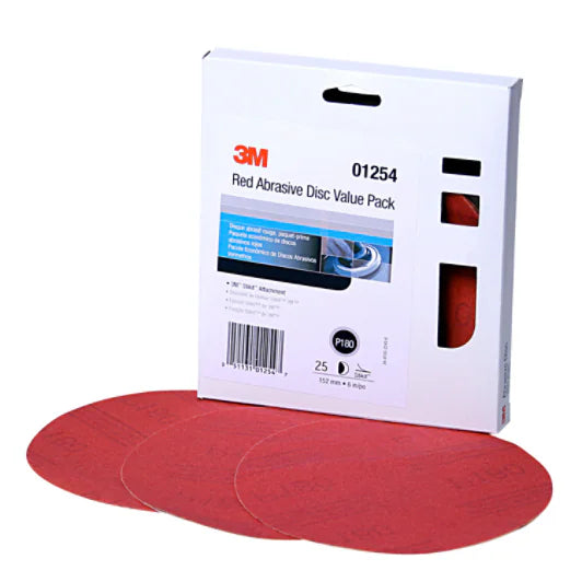 3M™ Red Abrasive Stikit™ Disc Value Pack, 01254, 6 in, P180 grade, 25 discs per carton, 4 cartons per case
