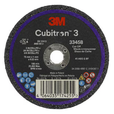 3M™ Cubitron™ 3 Cut-Off Wheel 33458, 75 mm x 1 mm x 9.53 mm (3 in x .04 in x 3/8 in), 5 Each/Pack, 6 Packs/Case