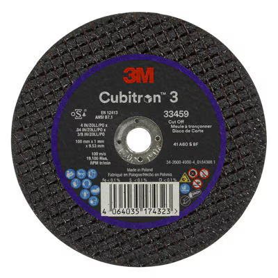 3M™ Cubitron™ 3 Cut-Off Wheel 33459, 100 mm x 1 mm x 9.53 mm (4 in. x 0.04 in x 3/8 in), 5 Wheels/Pack, 6 Packs/Case