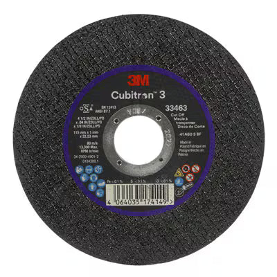 3M™ Cubitron™ 3 Cut-Off Wheel 33463, 115 mm x 1 mm x 22.23 mm (4.5 in x 0.04 in x 7/8 in), 5 Wheels/Pack, 6 Packs/Case