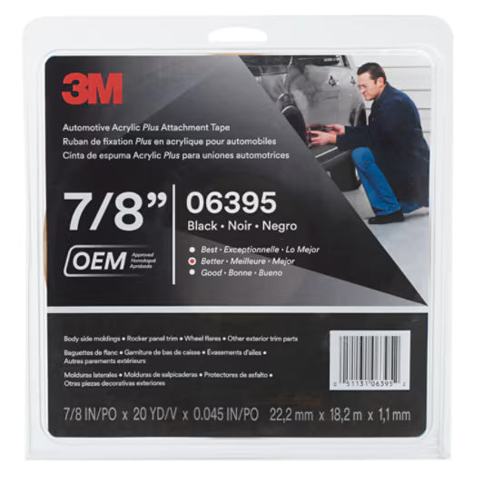 3M™ Automotive Acrylic Plus Attachment Tape 06395, Black, 1.52 mm, 7/8 in x 10 yd, 12 Roll/Case