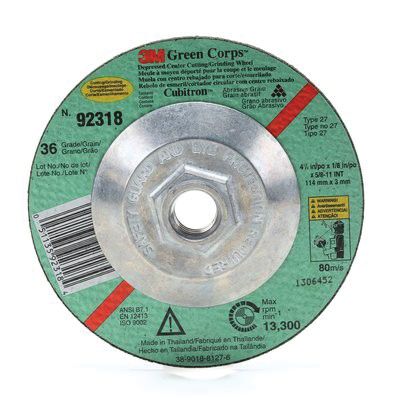 3M Green Corps™ 92318 Type 27 Cutting/Grinding Wheel, 4-1/2 in Dia x 1/8 in THK Wheel, 5/8 in - 11 TPI Center Hole - part 92318