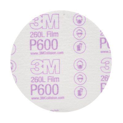3M 00955 260L Series Abrasive Disc, 5 in Dia, P600 Grit, Hook and Loop, White - part 955
