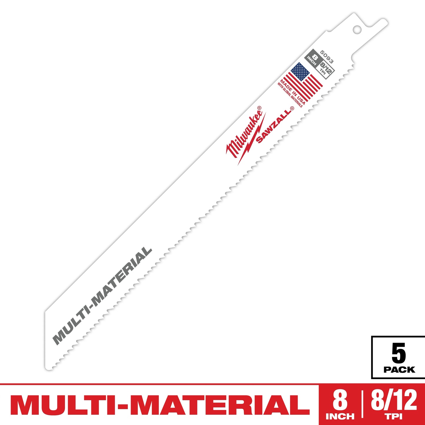 Milwaukee 8" 8/12 TPI SAWZALL® Blade for Multi-Material (5 PK) — 48-00-5093