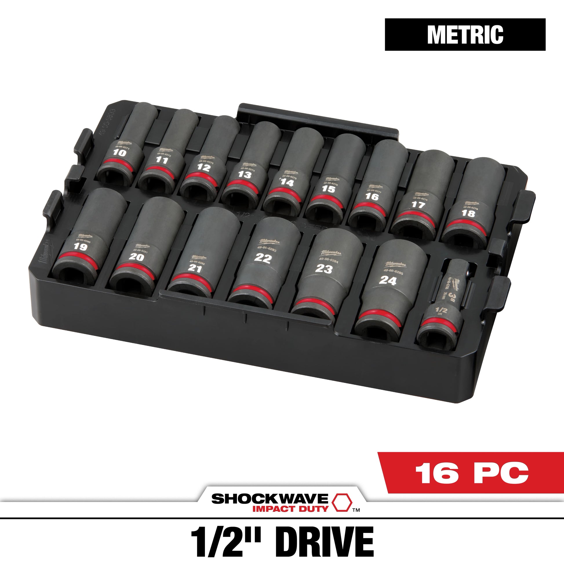 Milwaukee 16 PC SHOCKWAVE™ Impact Duty Socket 1/2” Drive MM TRAY Set — 49-66-6818