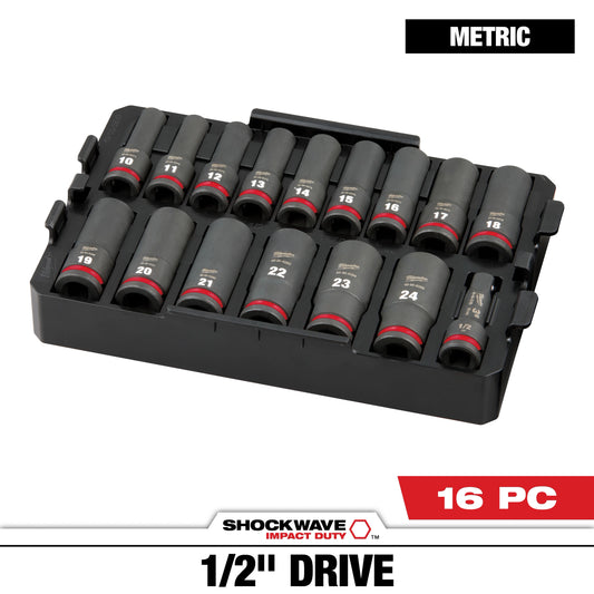 Milwaukee 16 PC SHOCKWAVE™ Impact Duty Socket 1/2” Drive MM TRAY Set — 49-66-6818