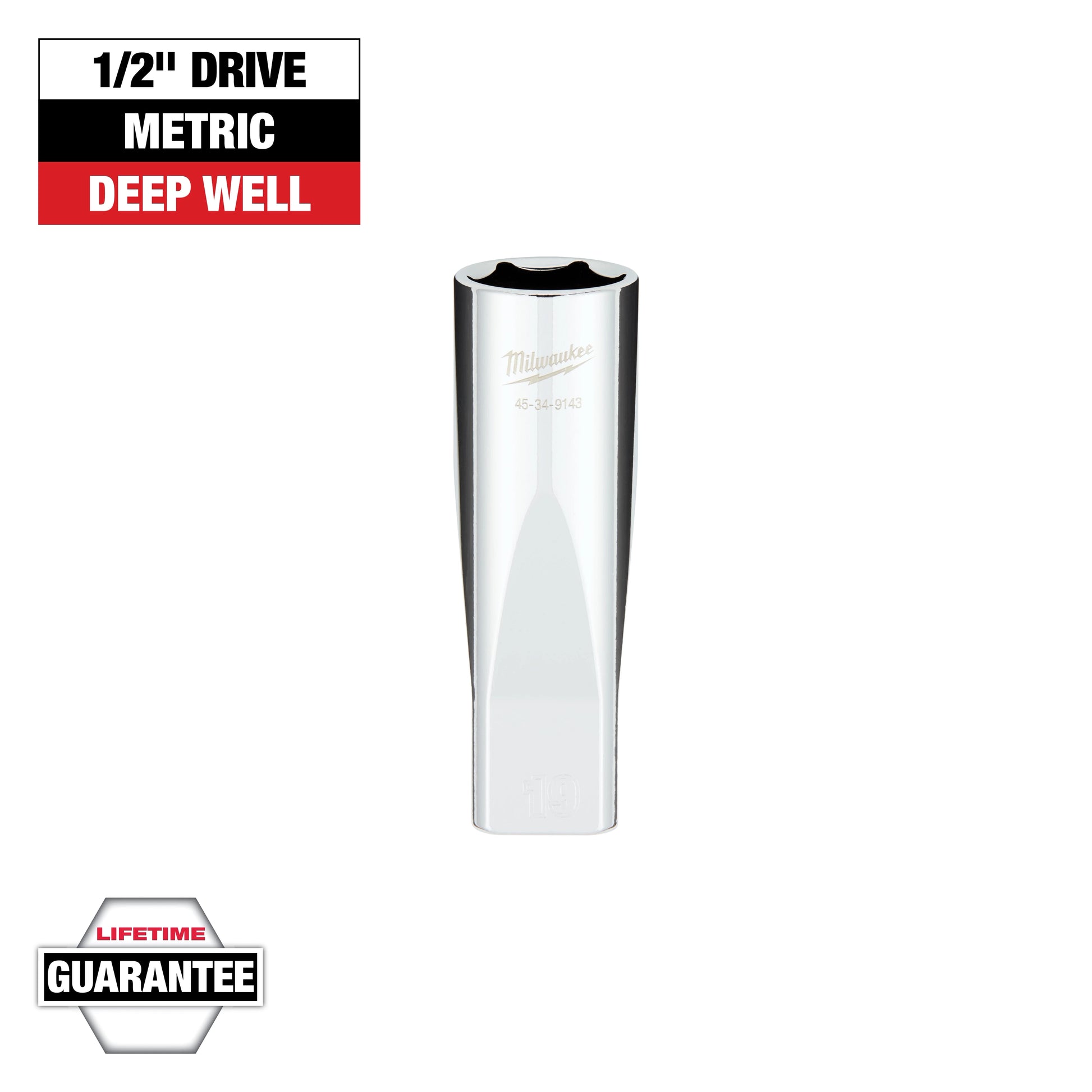 Milwaukee 1/2" Drive 19MM Metric 6-Point Deep Socket with FOUR FLAT™ Sides — 45-34-9143