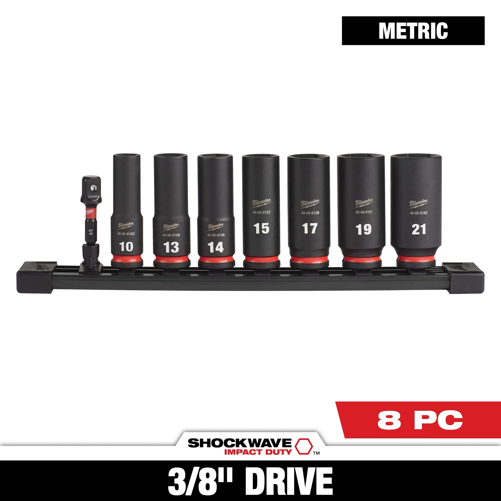 Milwaukee 8 PC SHOCKWAVE™ Impact Duty 3/8" Drive Metric Deep 6 Point Socket Set — 49-66-7021