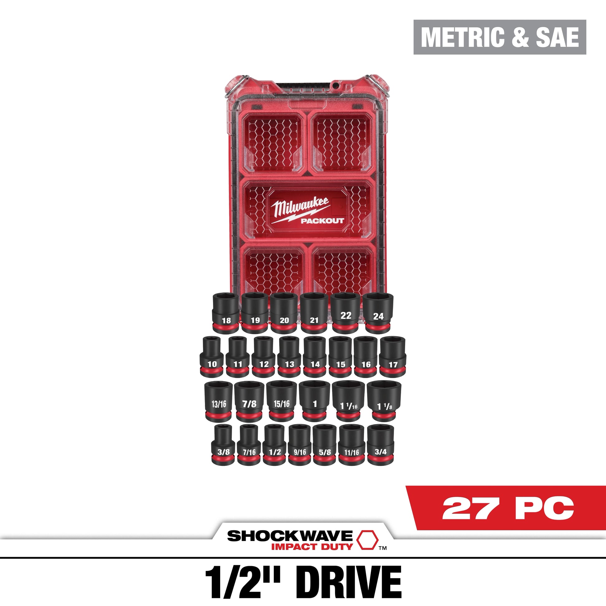 Milwaukee 27 PC SHOCKWAVE™ Impact Duty Socket 1/2” Drive MM & SAE Set with PACKOUT™ — 49-66-6804